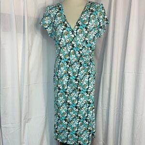 Jonathan Martin Teal, White, Tan & Black Faux Wrap Midi Dress.  Size 16